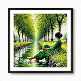 Girl In Green Sitting By A Canal #4 Poster