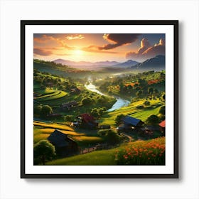 A Serene Village Landscape With Lush Green Fields And Colorful Houses Depicting The Picturesque Set Art Print