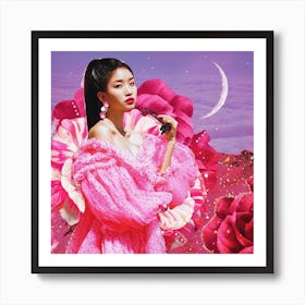 Peony Princess Moon Collage Square Art Print