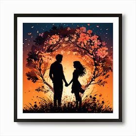 Couple Holding Hands At Sunset, Silhouettes Of Two People Hugging Surrounded By Elements Of Nature Flowers Trees Growing Art Print