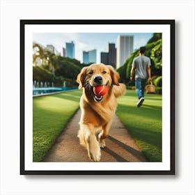 Golden Retriever Dog Playing With Tennis Ball In Park Art Print