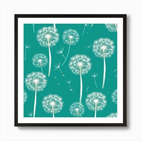 White Dandelion Seeds and Flowers on Turquoise Background Art Print