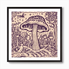 Mushroom Woodcut Purple 8 Art Print