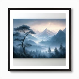 "A serene and misty mountain landscape." Wall Art4 Art Print