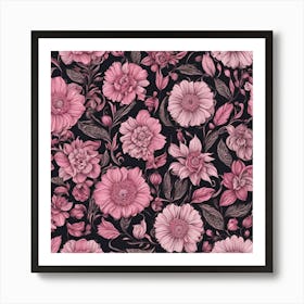 Pink Flowers On Black Background Art Print