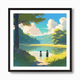 Two People Walking By A Lake Art Print