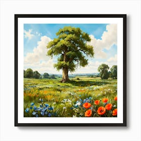 Mighty Oak In A Flower Meadow Art Print