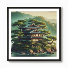Japanese house in the middle of the sea and trees 3 Art Print