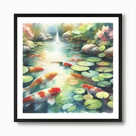 Serene Koi Fish Pond With Lily Pads, Watercolor Painting Art Print