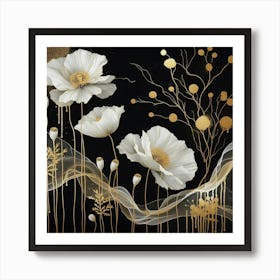 Gold White Poppies 1 Art Print