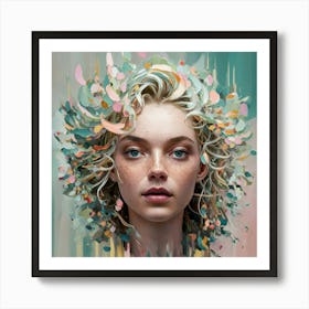 Woman With Flowers On Her Head Art Print