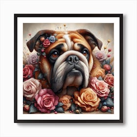 Bulldog With Roses 1 Art Print