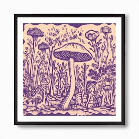 Mushroom Woodcut Purple 5 Art Print