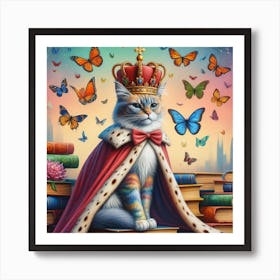 The King of Books - Surrealistic Painting of a Cat on a Book Throne Art Print