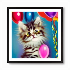 Birthday Kitten With Balloons Art Print