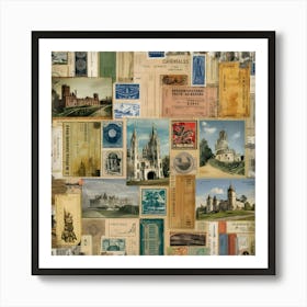 A Decorative Frame Holds An Assortment Of Old Postcards And Stamps, Capturing The Essence Of Past Travels And Correspondence Art Print