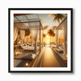 A Luxurious Beach Resort Scene At Sunset, Capturing The Essence Of Elegance And Serenity Art Print