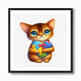 Cat (Abyssinian) Holding A Puzzle Piece Autism Art Print