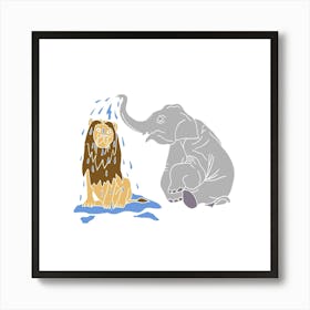 Elephant Showering A Lion With Trunk, Fun Safari Animal Print, Square Art Print