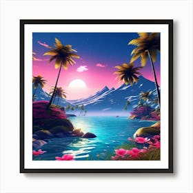 Tropical Landscape With Palm Trees, blue sky, wall art, trees, flowers, and sun. good look. Art Print