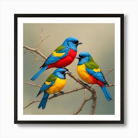 Three Colorful Birds Perched On A Branch Art Print