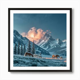 Horses In The Mountain Covered With Snow Art Print