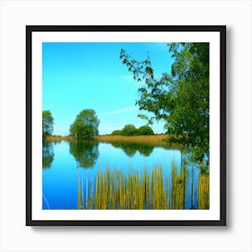 A Tranquil Lakeside Scene Where The Azure Waters Mirror The Cerulean Sky And The Reeds Sway Gently Art Print