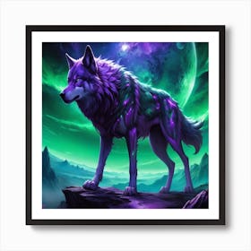 A stunning anime picture of a wolf in green and purple Art Print
