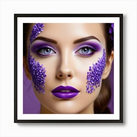 Beautiful Woman With Purple Flowers On Her Face Art Print