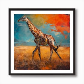 Warm Tones Of Giraffe Walking Through The Grass 1 Art Print