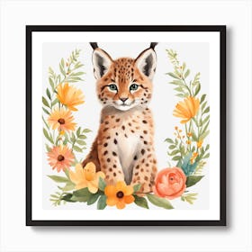 Floral Baby Lynx Nursery Illustration (36) Art Print