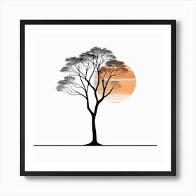 Sunset Tree,A Minimalist Line Drawing Of A Lone Tree Silhouetted Against A Fiery Sunset Art Print