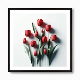 Title: "Crimson Elegance: A Study of Tulips in Bloom"  Description: "Crimson Elegance: A Study of Tulips in Bloom" is a mesmerizing depiction of nature's splendor, presenting a serene array of red tulips reaching for the sky. The artwork captures the delicate interplay of light and shadow, bringing forth the tulips' vibrant crimson hues that symbolize passion and perfect love. Each petal's subtle curvature and the gentle arch of the leaves speak to a refined aesthetic that would enrich any living space or gallery. This piece is a celebration of natural beauty, embodying the rejuvenating spirit of spring and the timeless elegance that flowers bring to our lives. Ideal for those seeking to infuse their surroundings with a serene yet striking visual statement, this artwork is a testament to the enduring allure of botanical wonder. Art Print