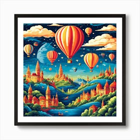 Hot Air Balloons In The Sky, Hot Air Balloon Adventures A Whimsical Pattern With Colorful Hot Air Balloons Floating Over Landmark 1 Art Print