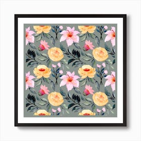 Watercolor Flowers On A Grey Background Art Print