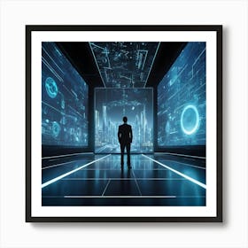 Futuristic Businessman Standing In Futuristic Hallway Art Print