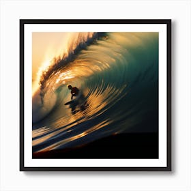 Surfer Riding A Wave. orning Tide Ride: Surfing in Liquid Light Art Print