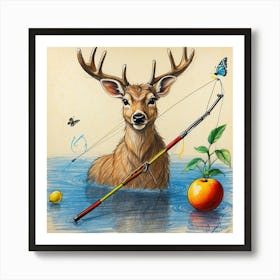 Deer With A Fishing Rod Trying To Catch 1 Art Print