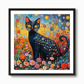 Black Cat In A Flower Field 3 Art Print