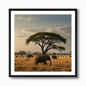 A Vast Savannah With Acacia Trees And A Herd Of Elephants In The Distance 2 Art Print