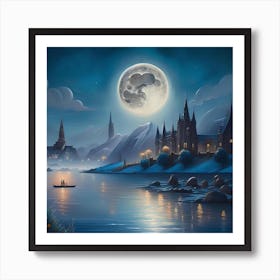 Full Moon Over Castle Art Print