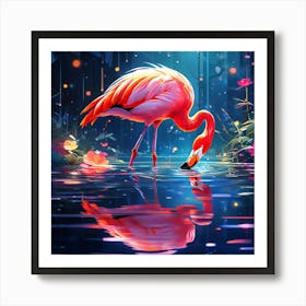 Very Colorful Picture Of Flamingo In Water Beautiful Lighting And Reflections Golden Ratio Fake Art Print