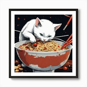 Cat Eating Noodles Art Print