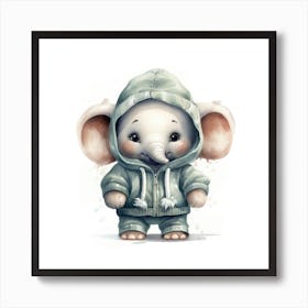 Watercolour Cartoon Elephant In A Hoodie 1 Art Print