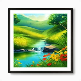 Landscape With Stream And Flowers Art Print