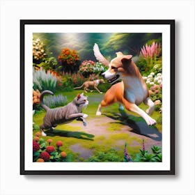 Cat And Dog In The Garden Art Print