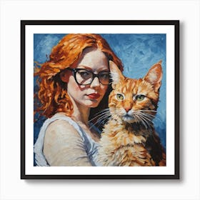 Red Haired Girl With Cat Art Print