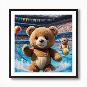 Teddy bear running on water playing ball Art Print