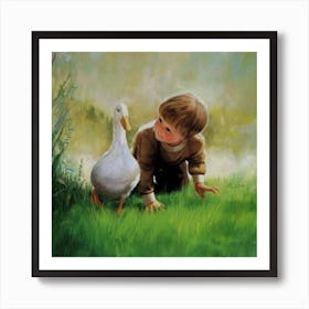 Little Boy And Duck Affiche