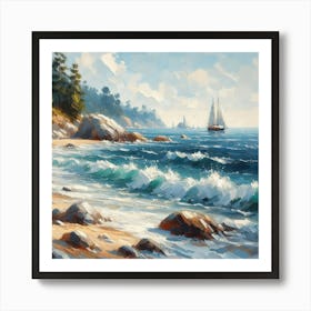 Sailing Boat On The Beach, Acrylic Painting Style 1 Art Print